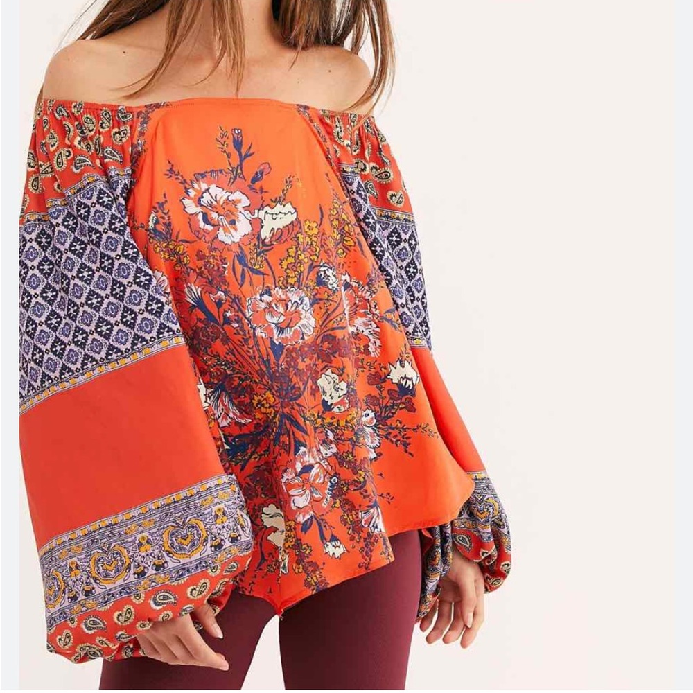 Free People Positano Boho Printed Floral Balloon Sleeve Blouse Top Size Small - Picture 5 of 14